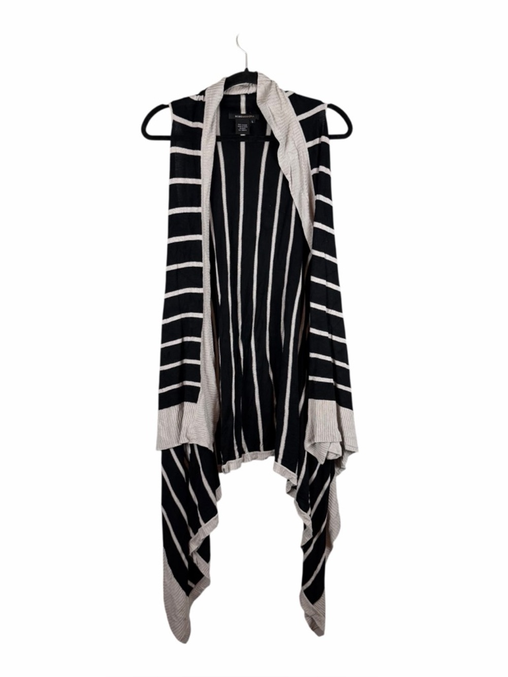 BCBG Max Azria Black Gray Striped Sleeveless Drape Cardigan Vest Size L